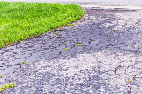 An asphalt driveway with many cracks.