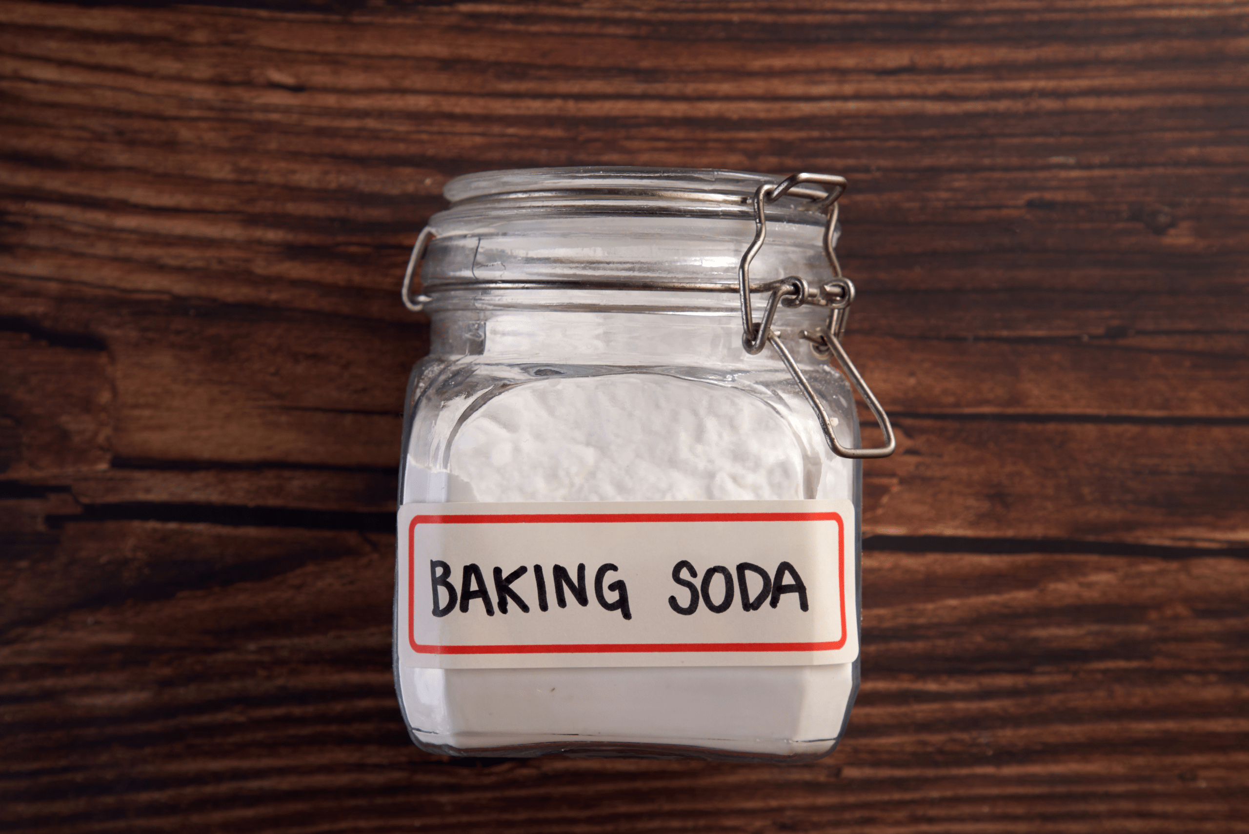 A glass jar labelled Baking Soda.