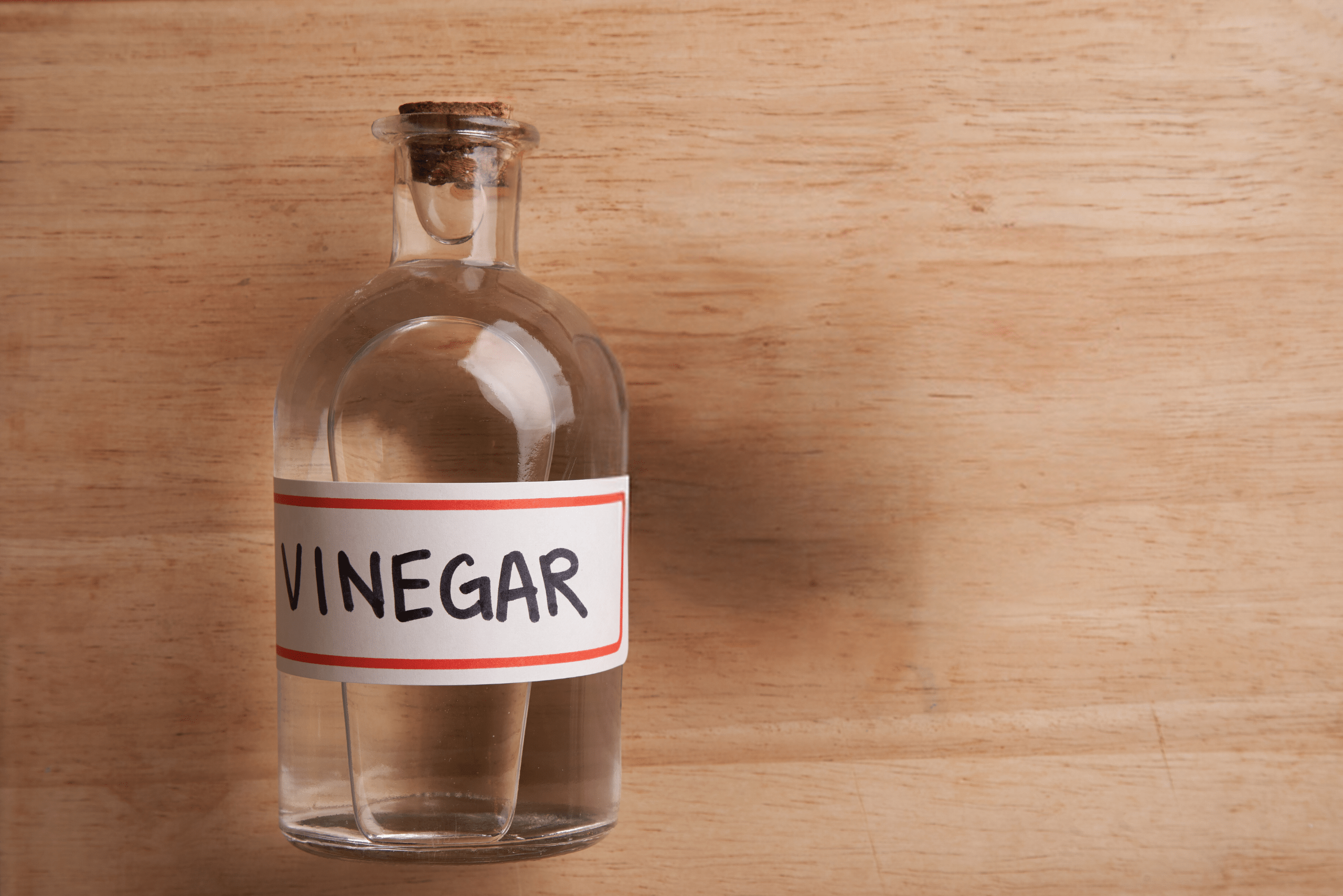 A glass bottle labelled Vinegar.
