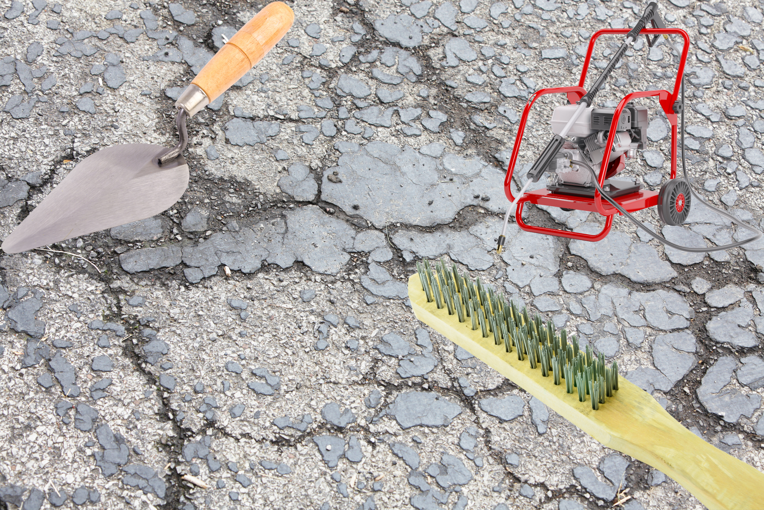 A cracked asphalt driveway with overlay of wire brush, pressure washer, and trowel.
