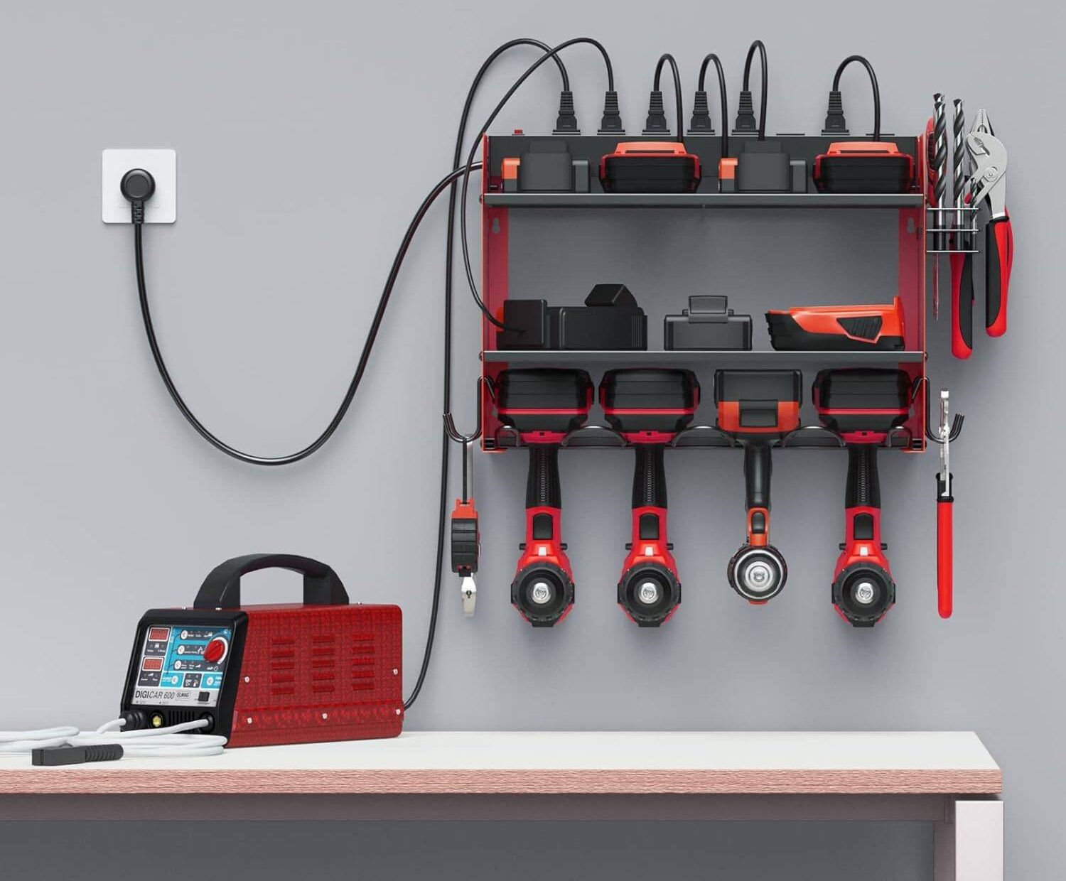 red wall mounted charging station for drills