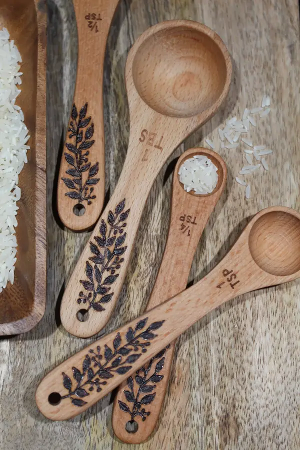 Measuring spoons wood burnt designs