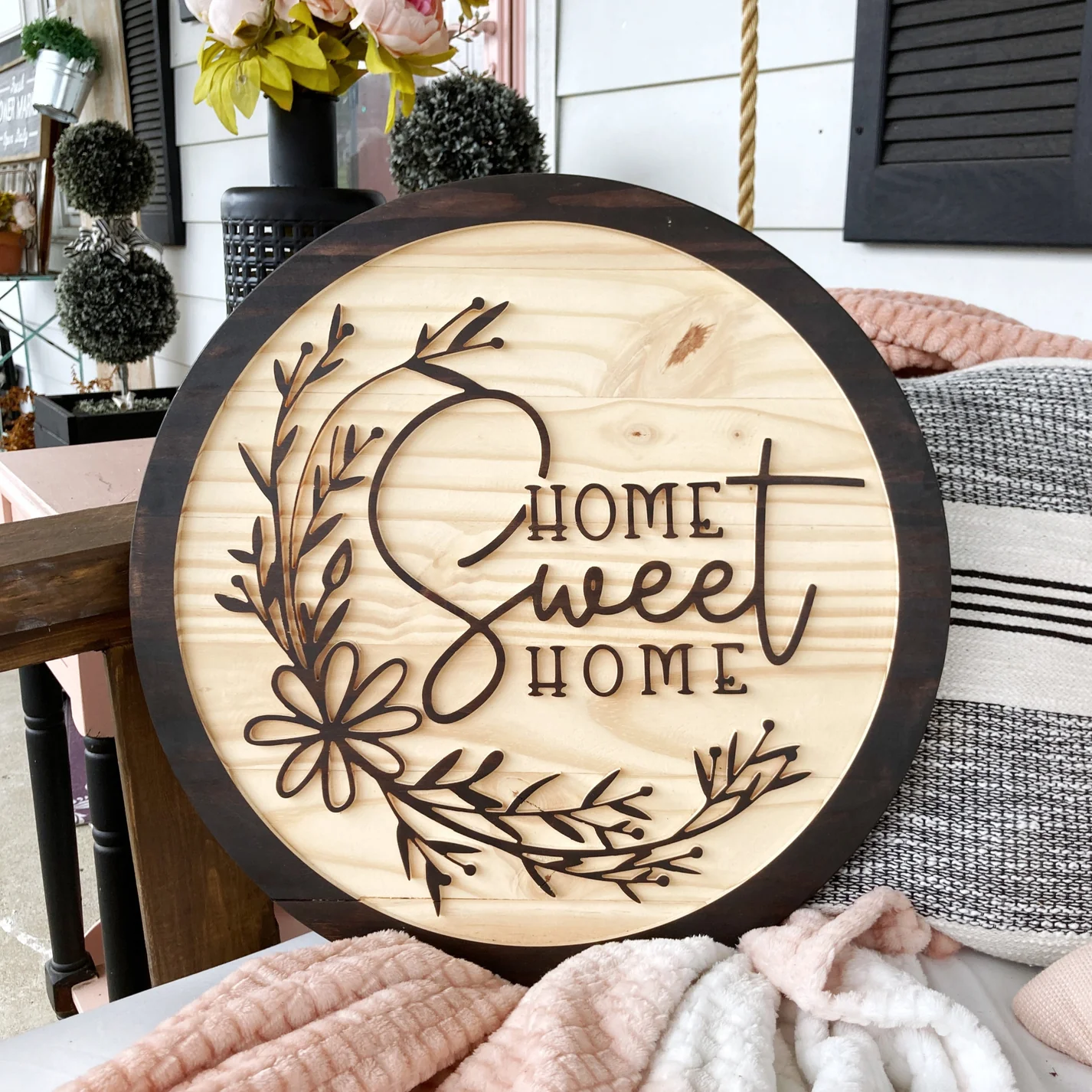 wood burned home sweet home sign