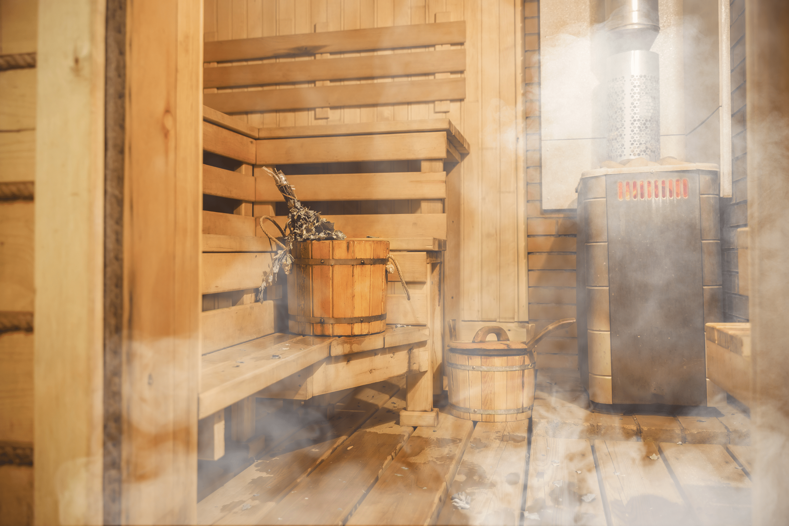 Steamy wooden sauna.