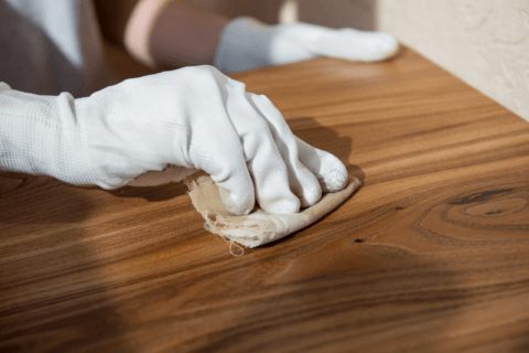 gloved hand wiping a piece of wood