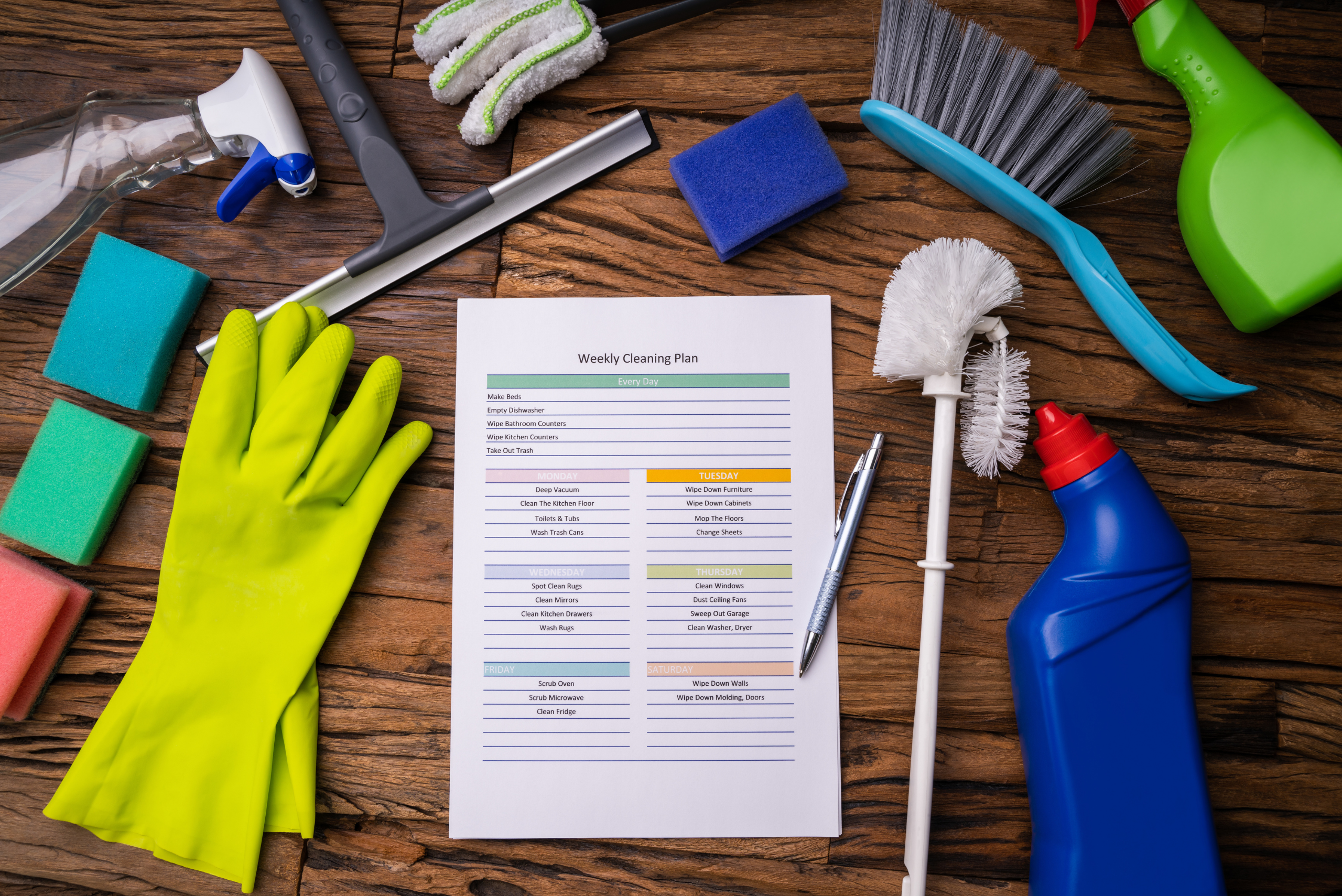 A cleaning checklist and cleaning supplies.