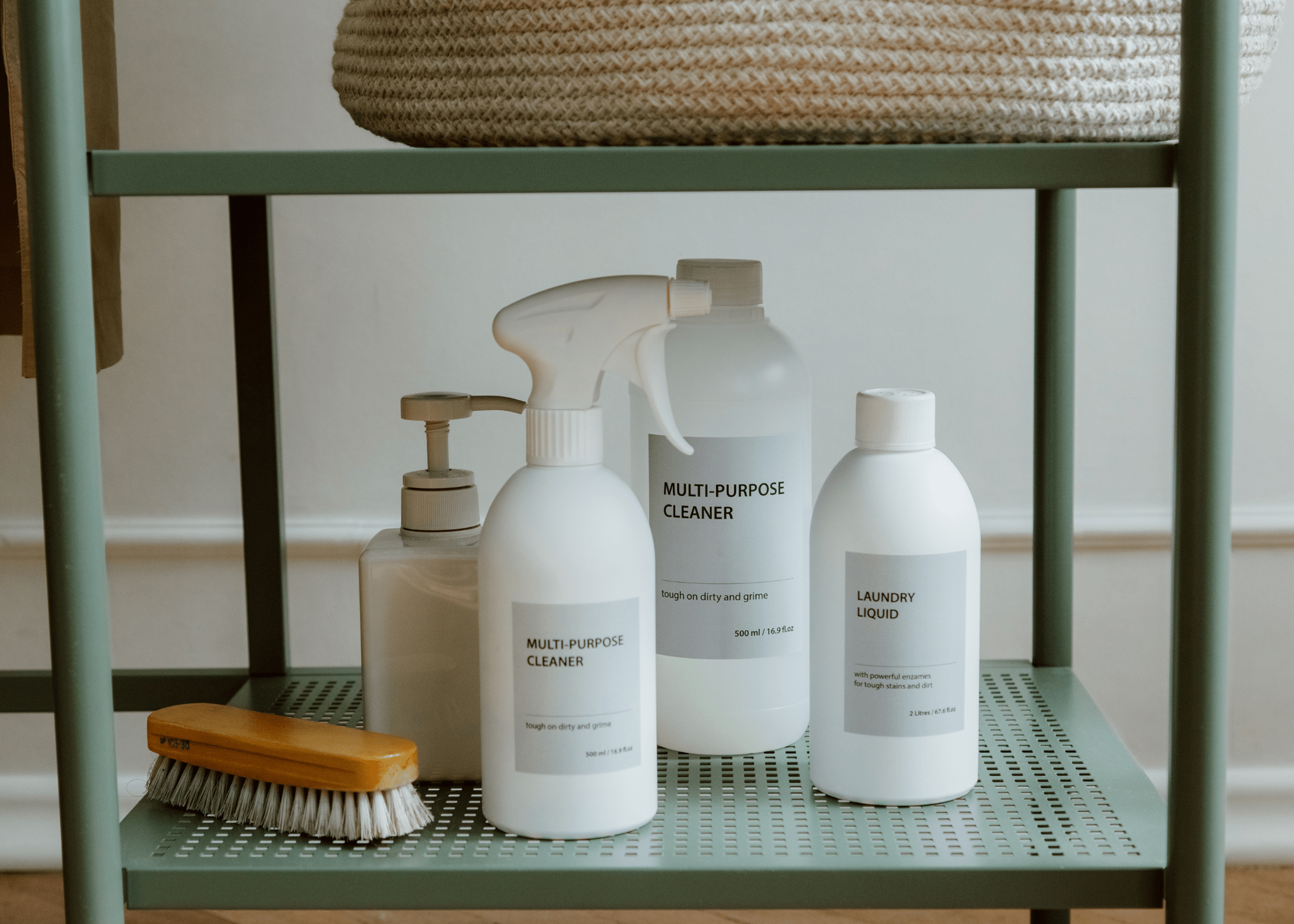 cleaner on bathroom shelf