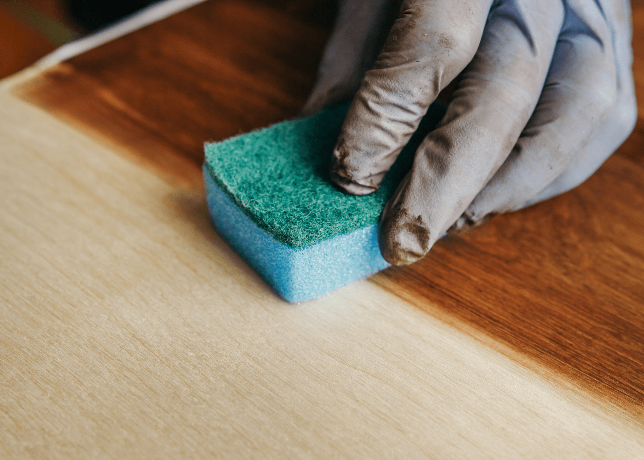 close up of sponge rubbing on wood