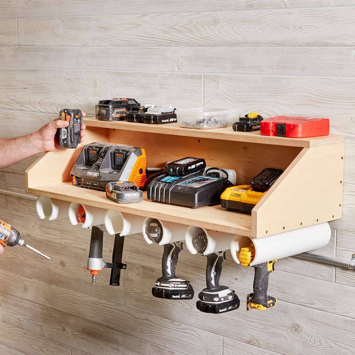 PVC Pipe Tool Organizer with drills and batteries