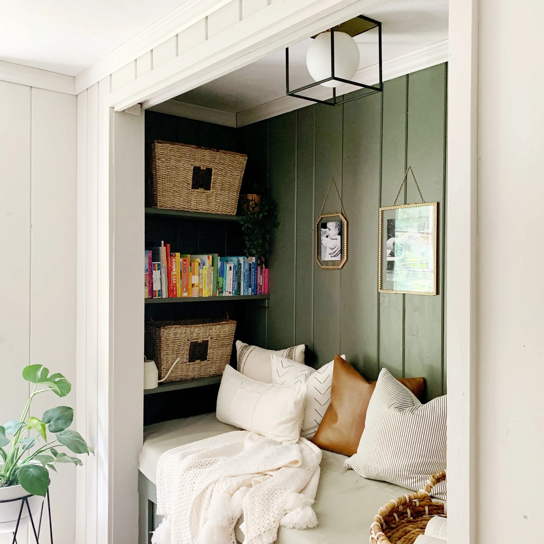 Bookshelf with Reading Nook green beadboard backing