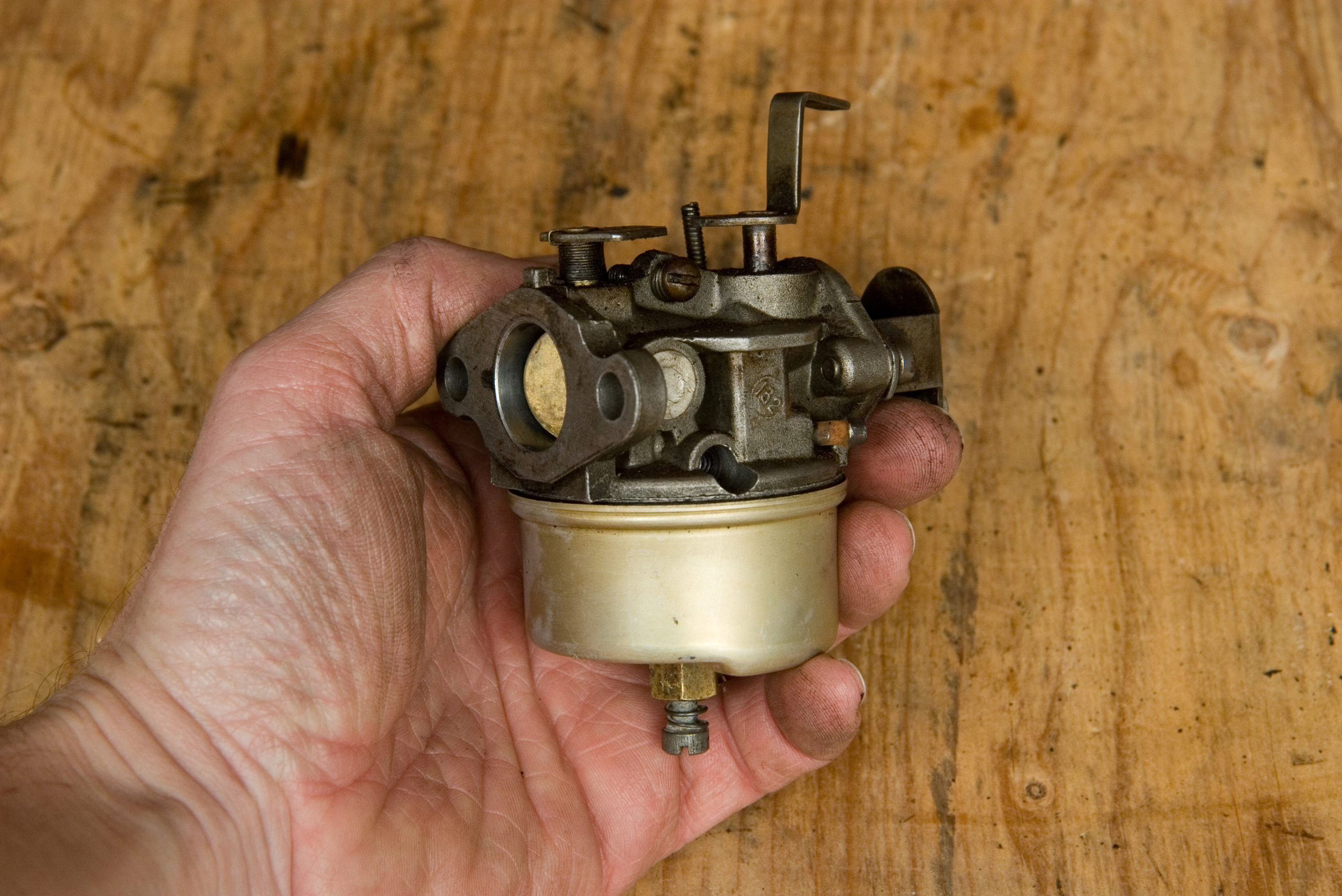 Hand holding a lawn mower carburetor.