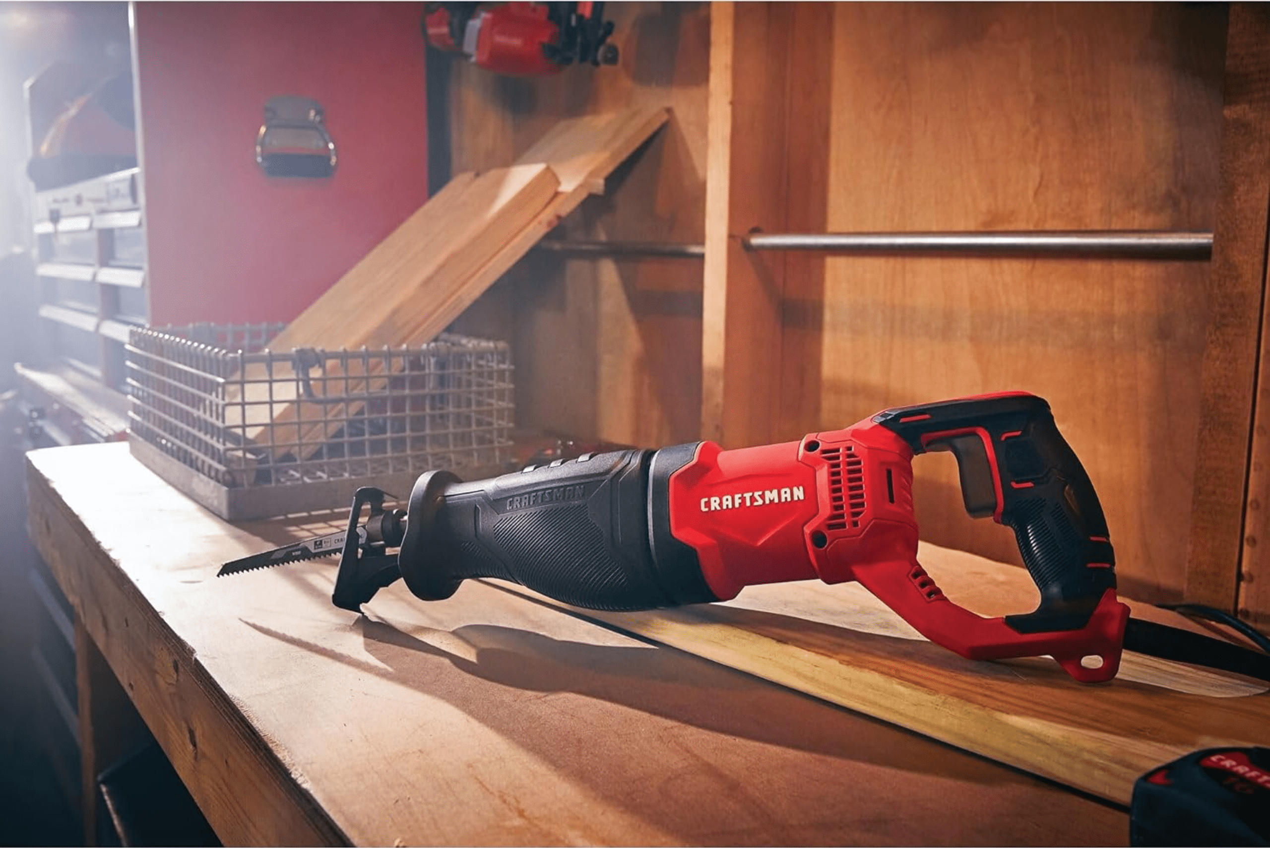 An electric saw from Craftsman on a wooden table.