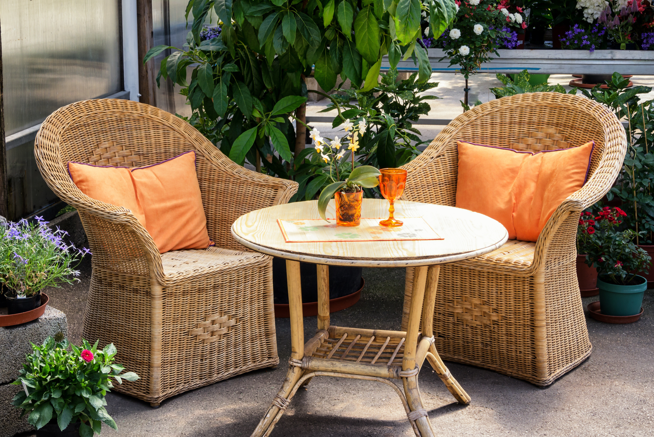 Patio wicker furniture and table.