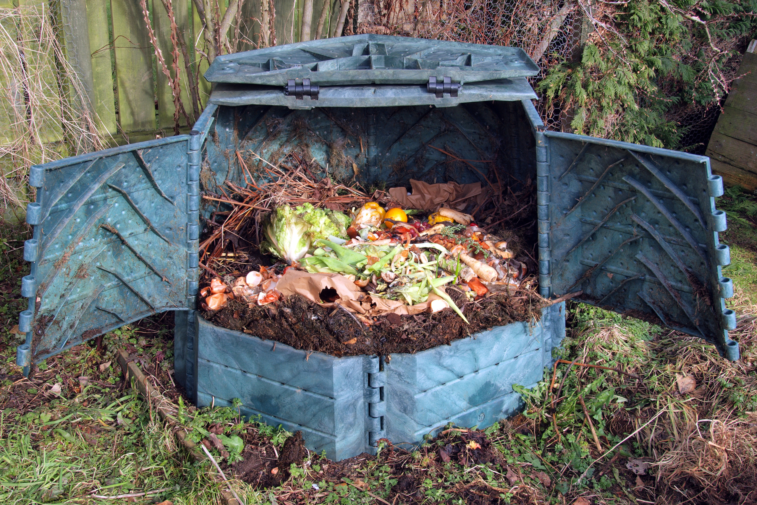 Composting bin open with scraps inside of it.