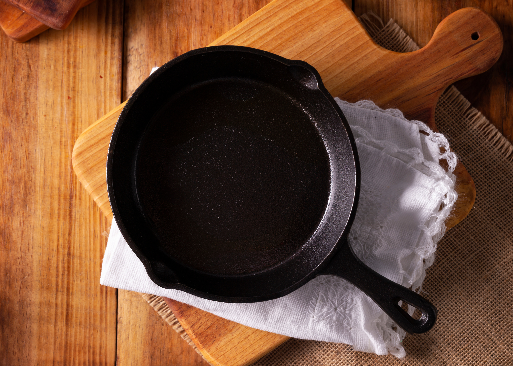 cast iron pan on wood background