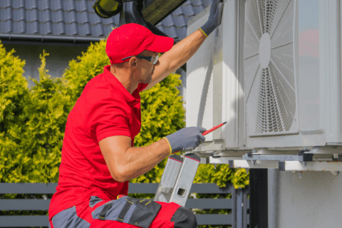 HVAC person inspecting a unit from the outside.