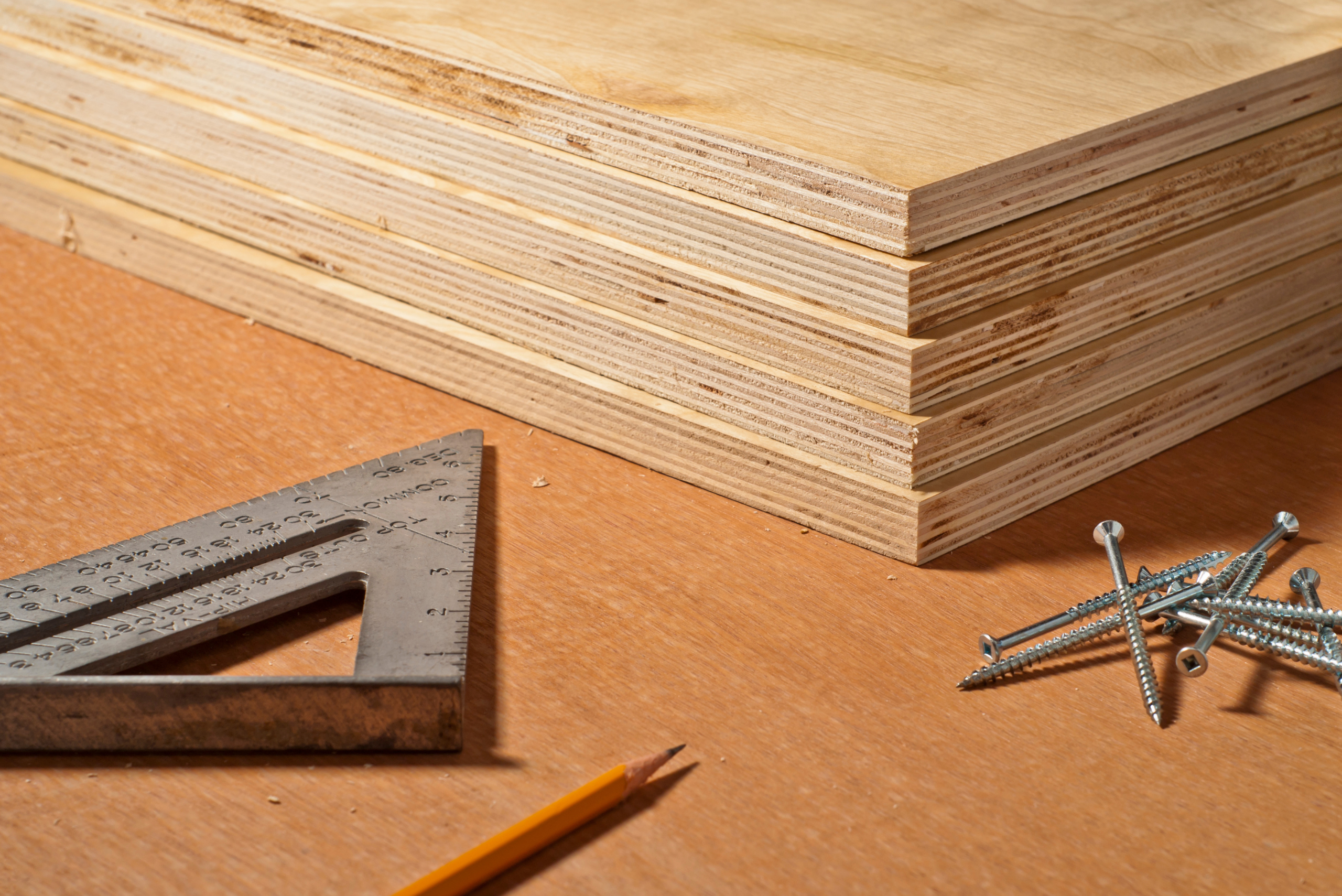 Stack of plywood sheets.