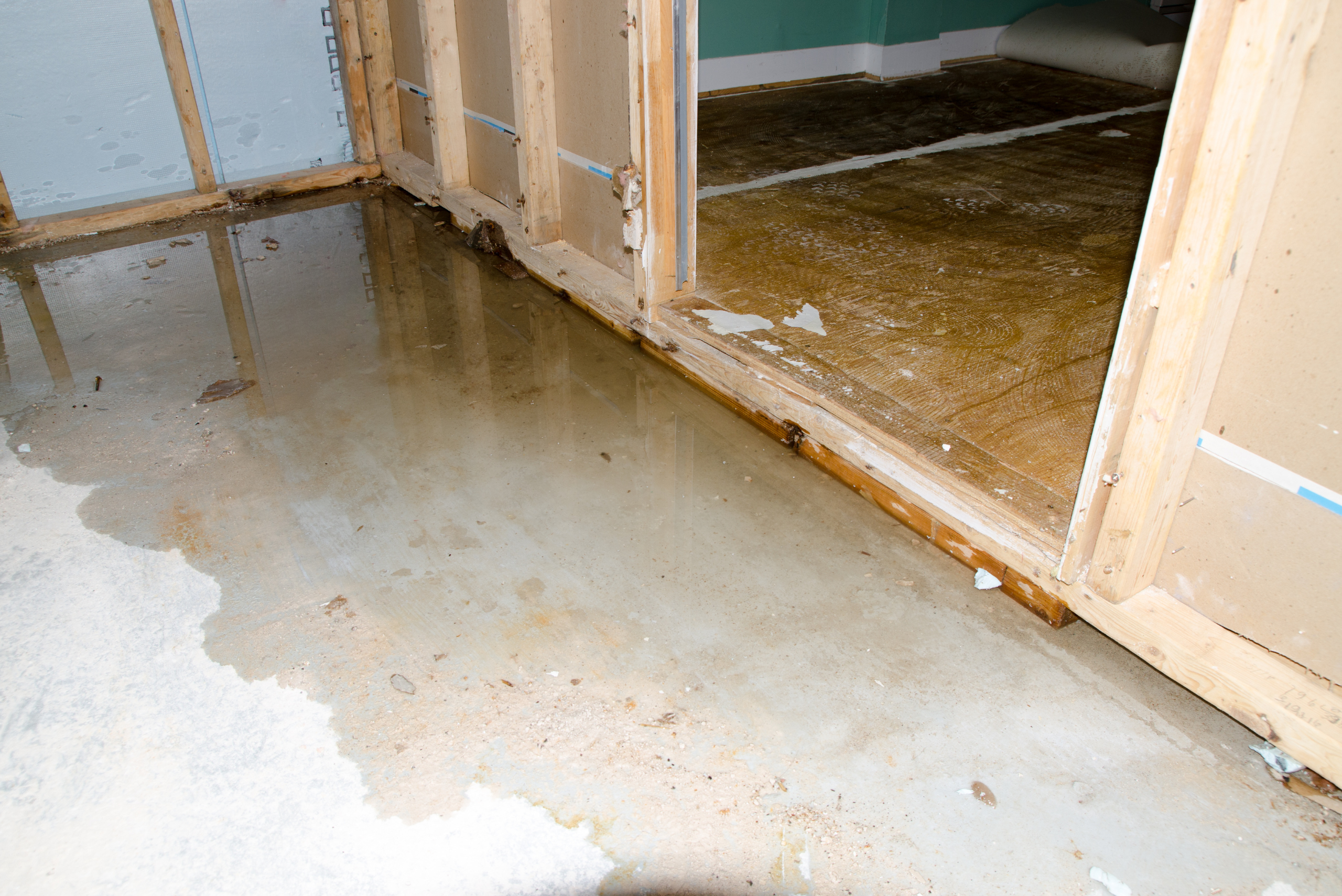 Water on the floor of a leaky basement.