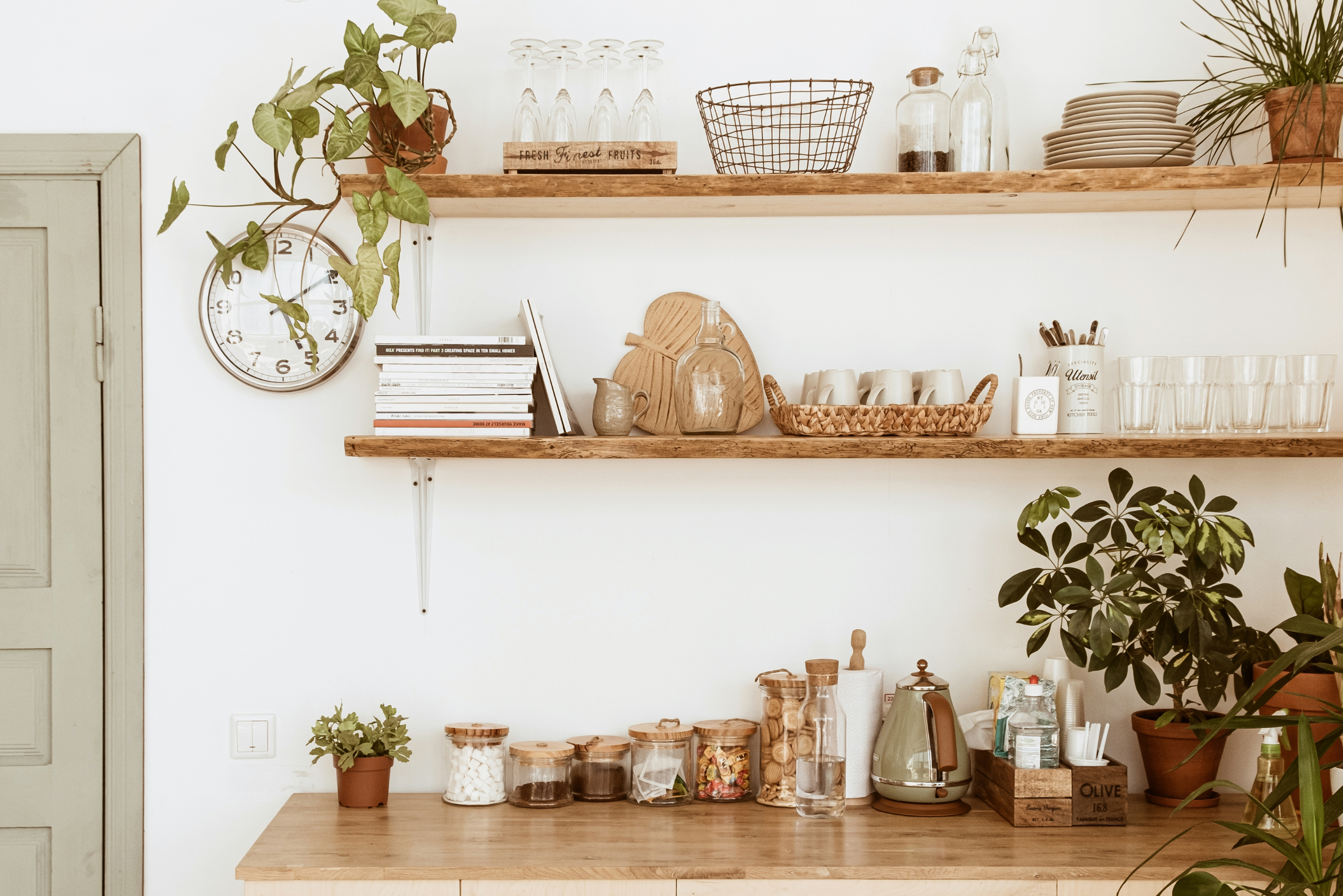 Wood kitchen floating shelves.