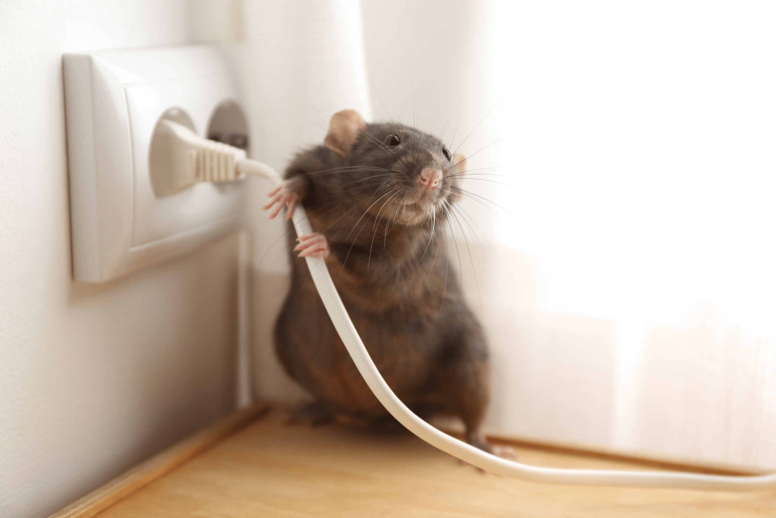 Rat holding onto a wire of a plug.