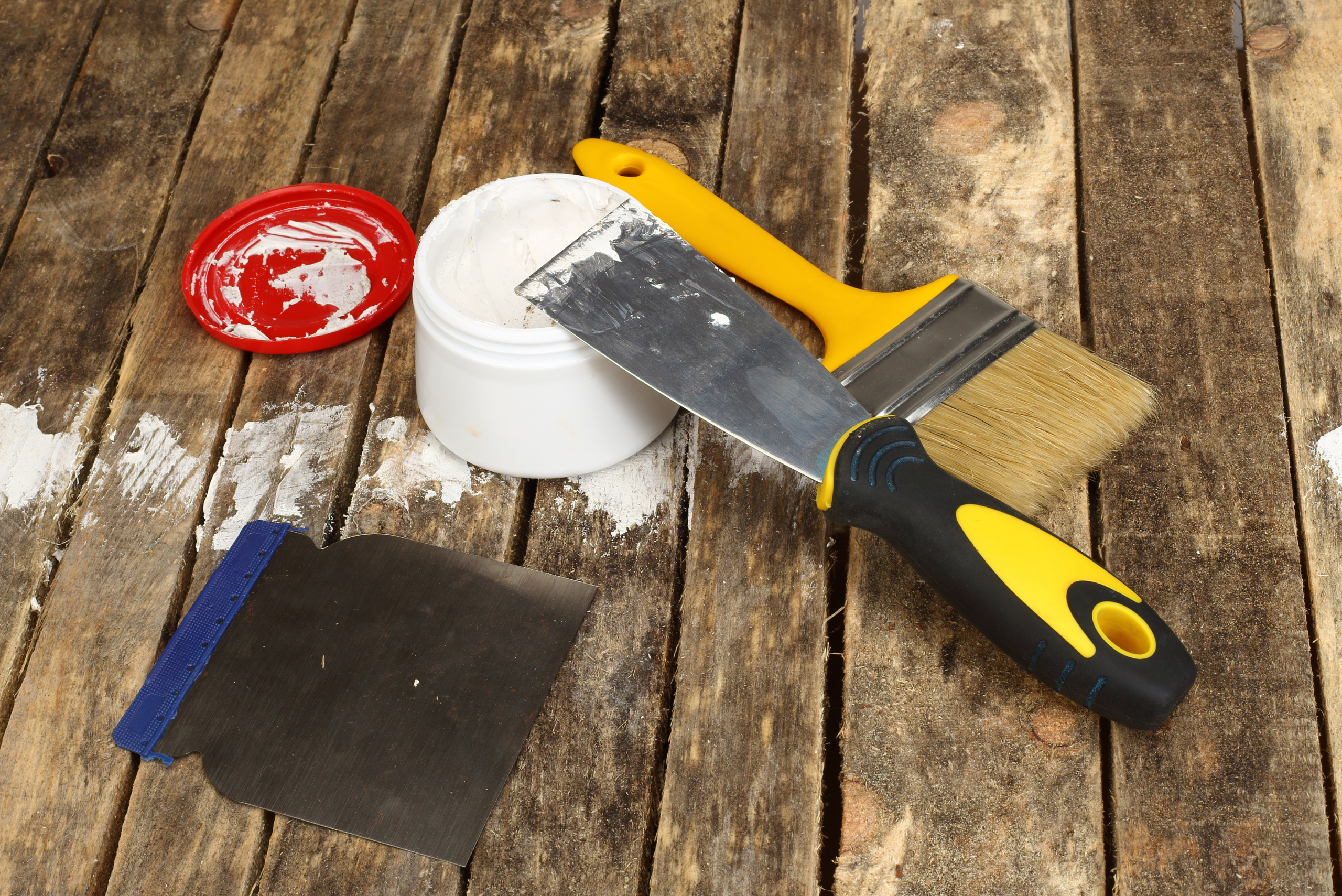 Assortment of tools for wood repair.