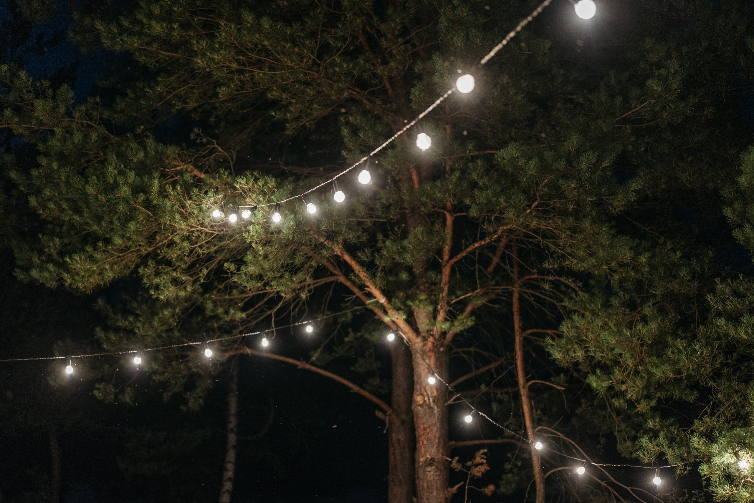 Outdoor string lights at night.