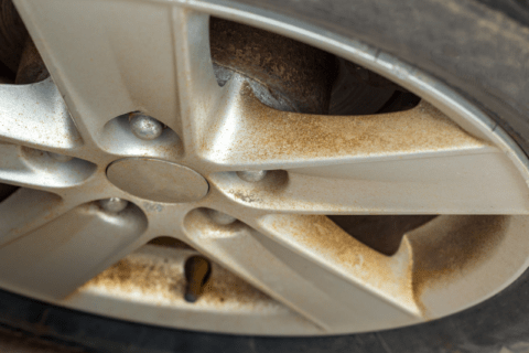 Close up of a car wheel with brake dust baked on.