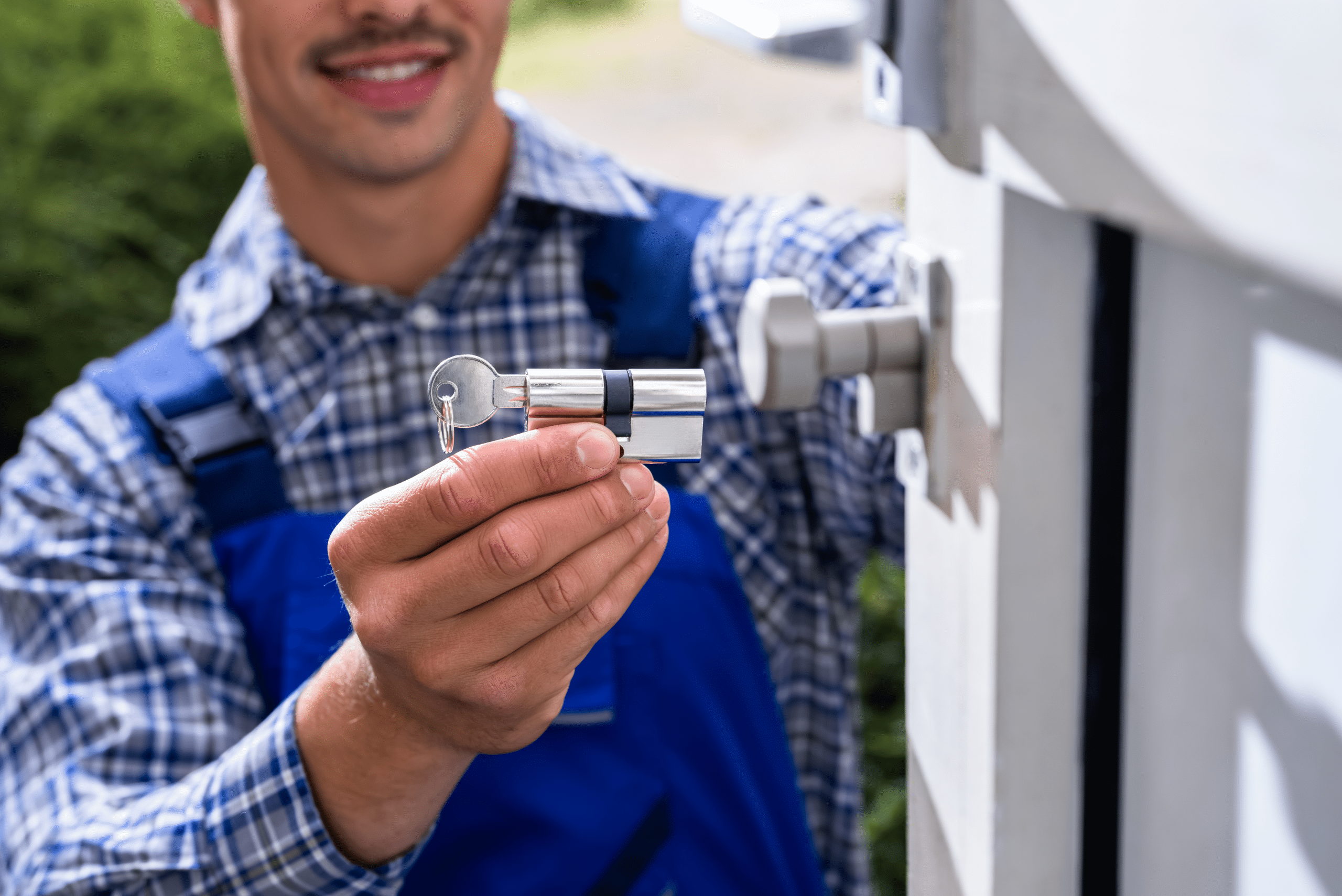 Locksmith repairing lock.