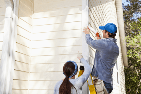 Man sealing exterior of home with woman helping.