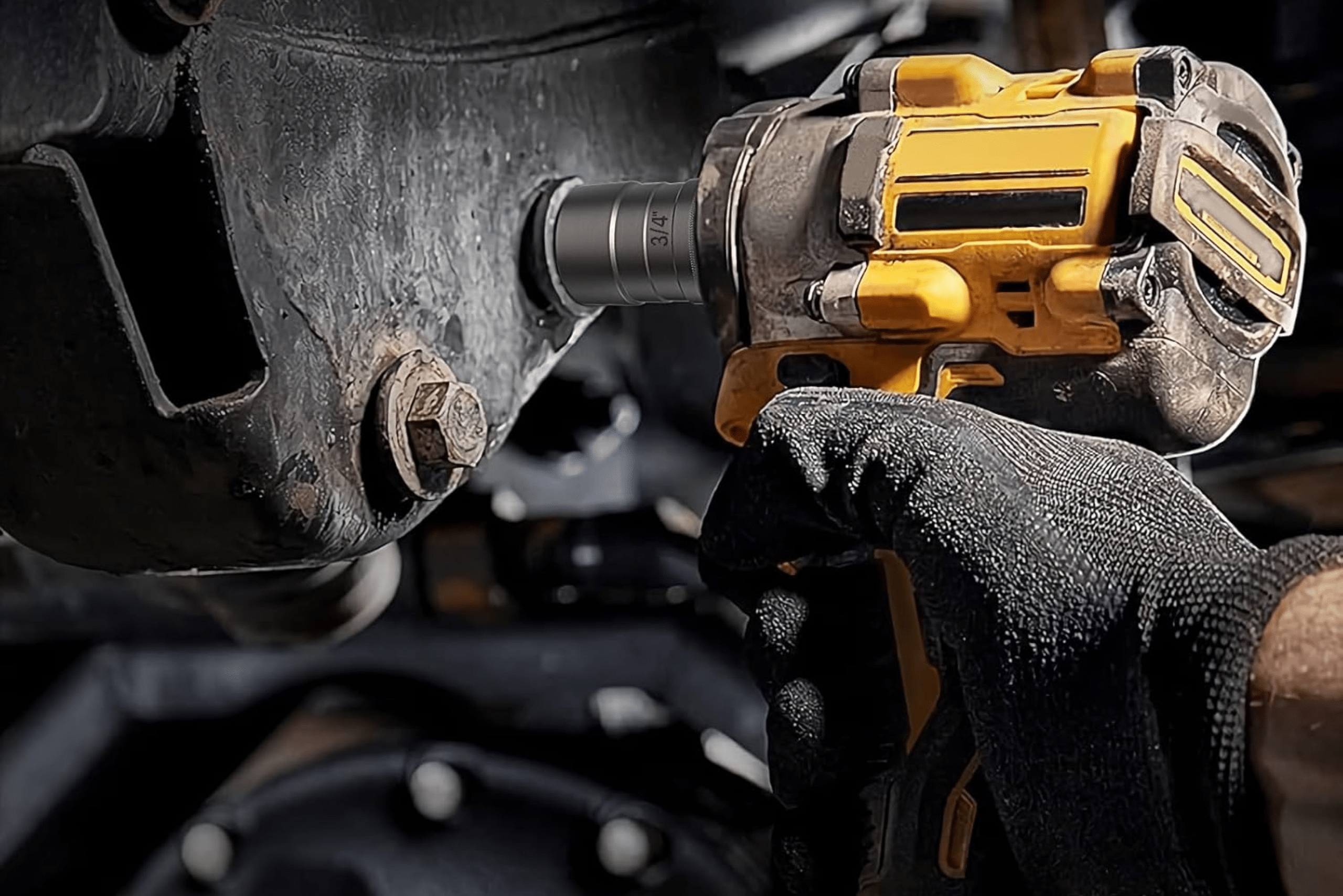 Yellow impact wrench with bolt extractor being used on a rusty bolt.