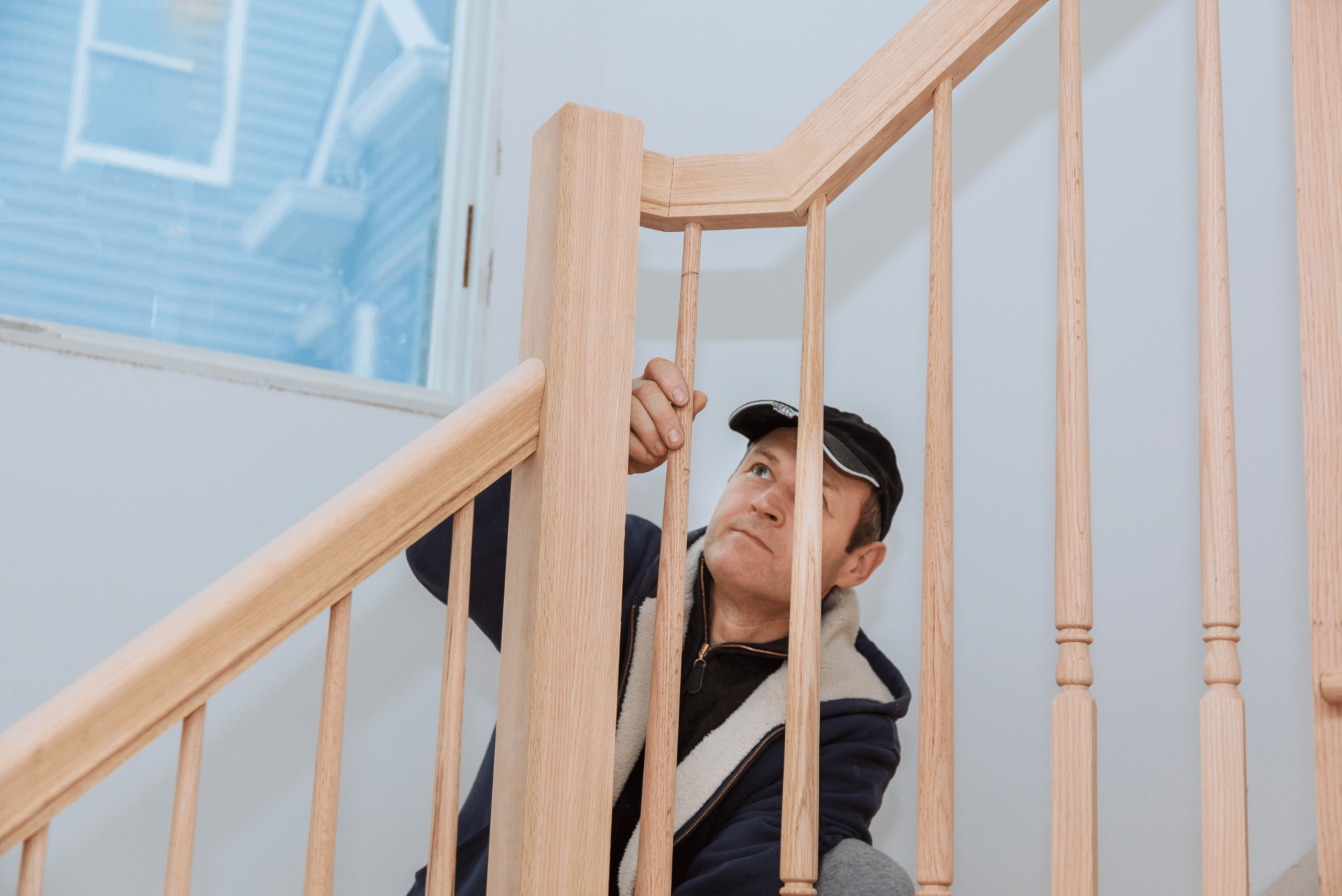 Man aligning railings of a staircase.