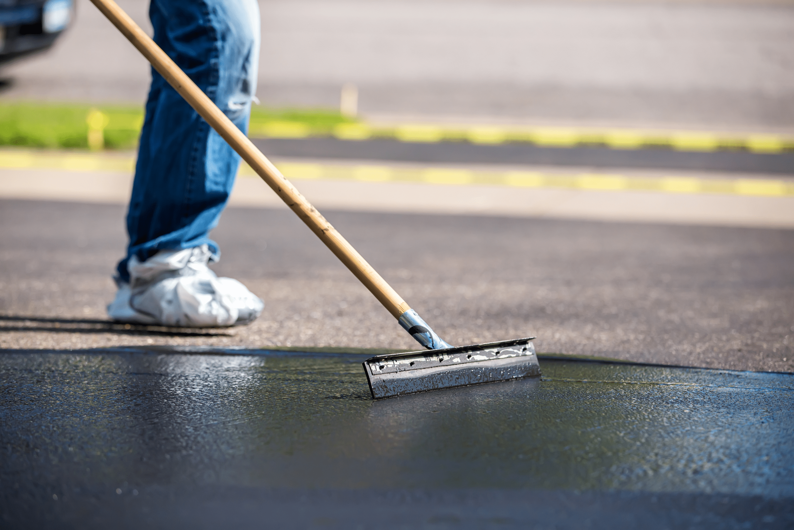 Spreading driveway sealant and evening it out.