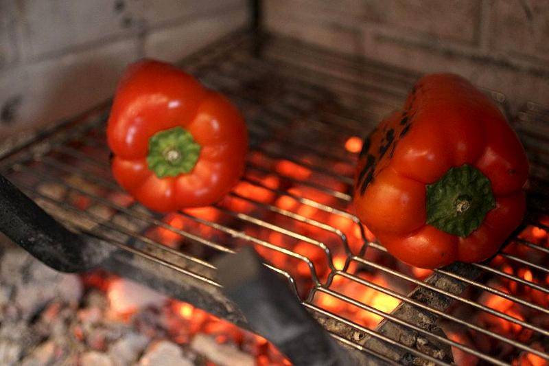 Red peppers on grill.