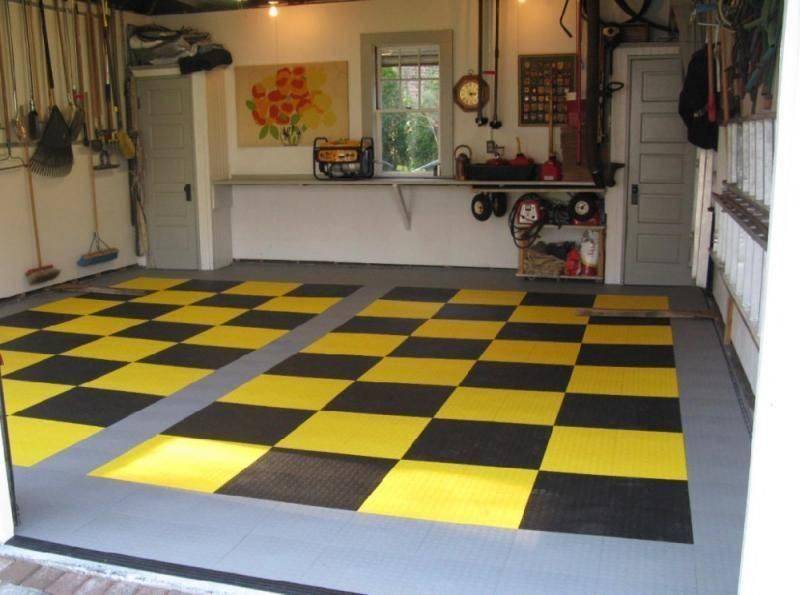 Black and yellow floor in a garage.