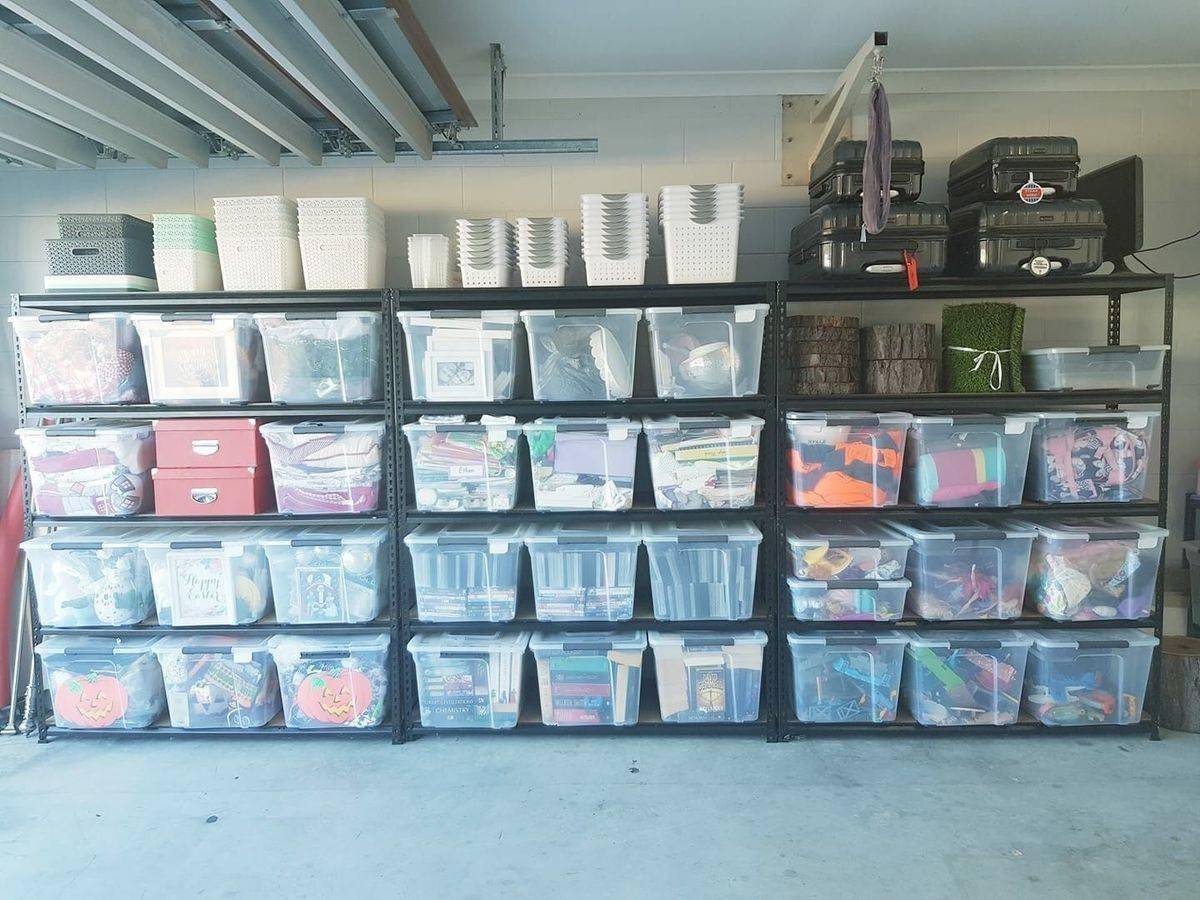 Open shelving rack in garage.