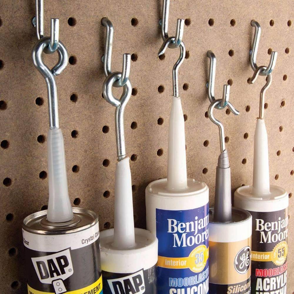 Closeup of pegboard hooks.