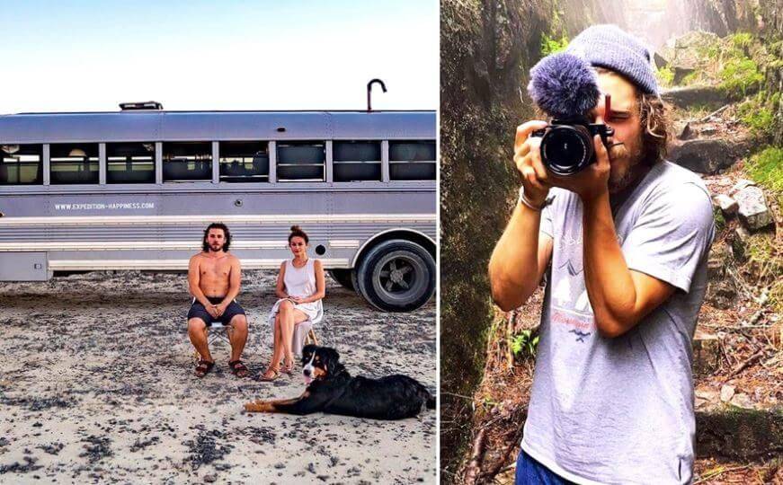 L: Couple sitting in front of bus. R: Man using camera to take picture.