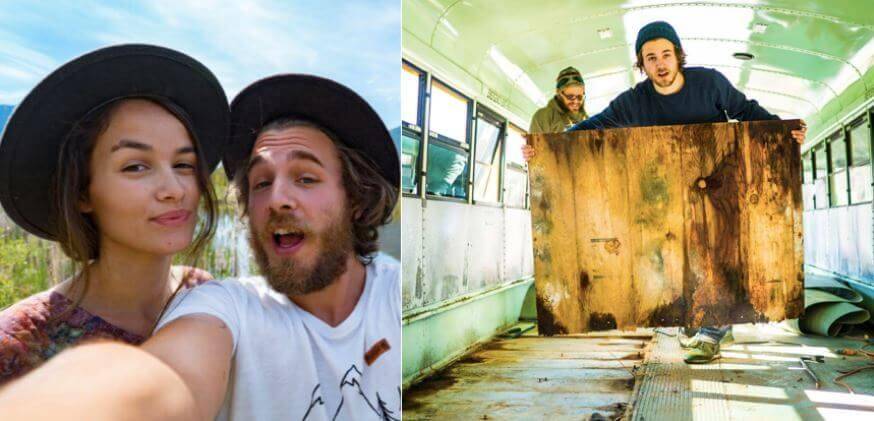 L: Couple posing for picture. R: Couple inside a bus, the man holding piece of wood.