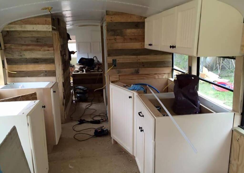 Bus kitchen under construction.