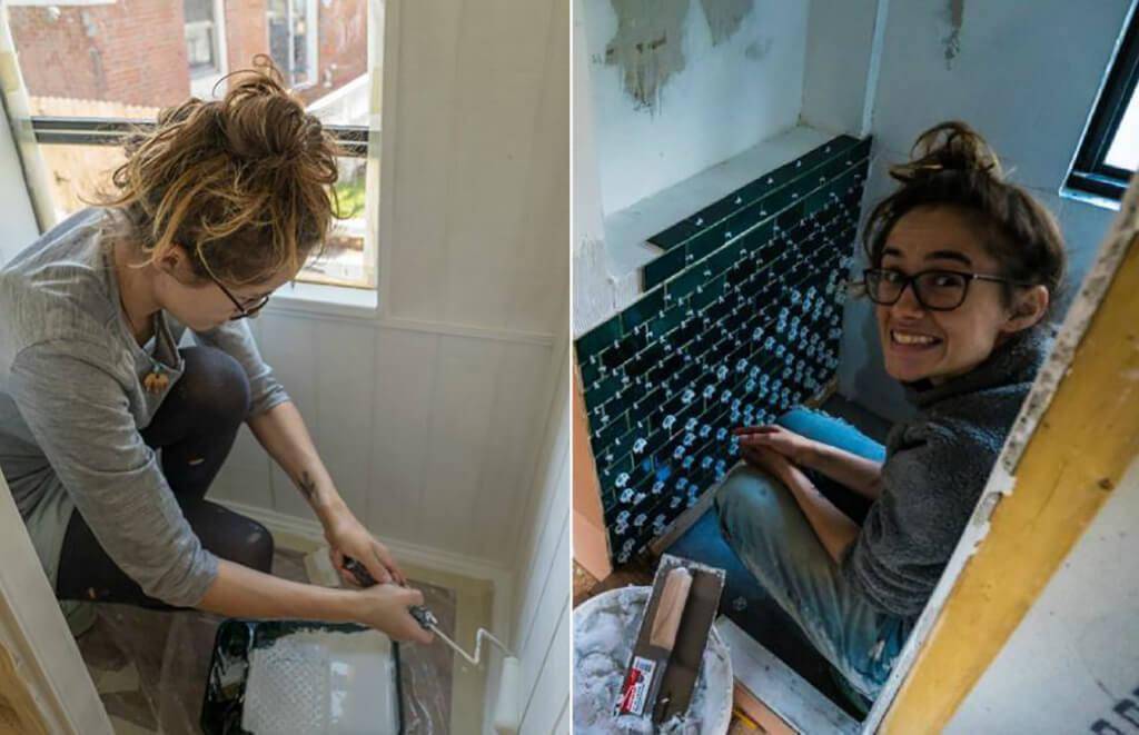 Woman working on a DIY bathroom for bus.