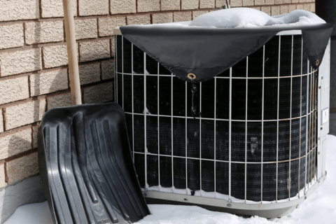 A/C unit in snow with black top cover.