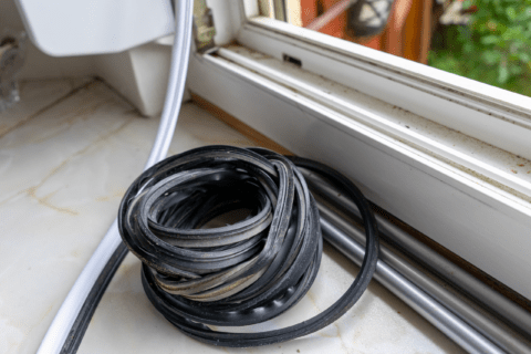 Weatherstripping in front of a window sill.