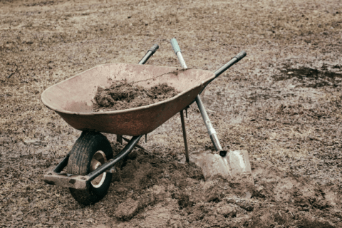 Wheelbarrow with dirt inside of it.