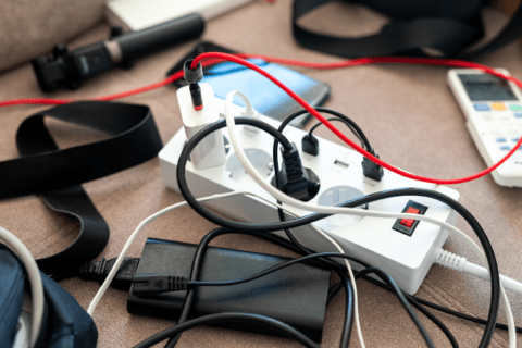 Many devices plugged into a power strip.