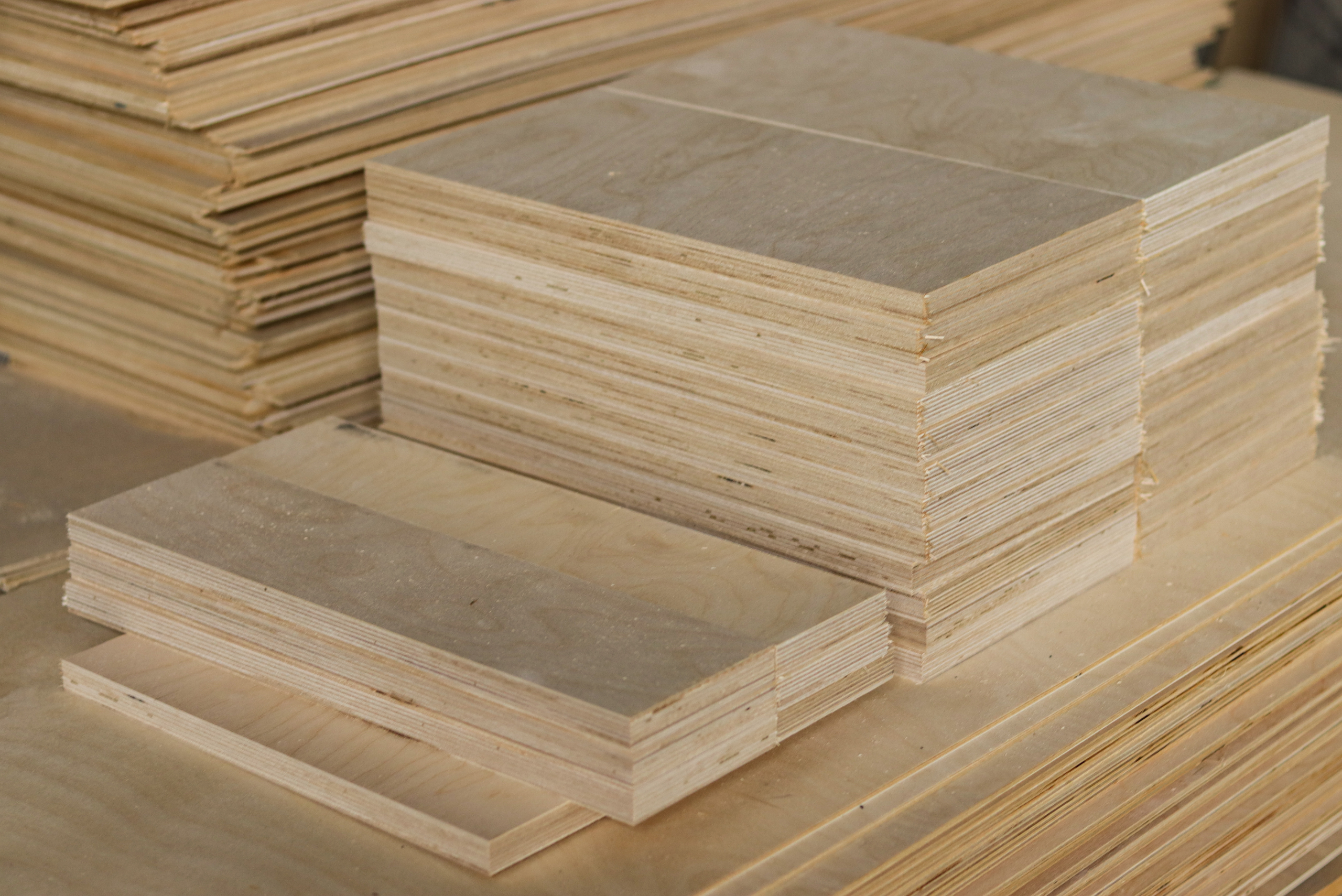 Stacks of plywood sheets.