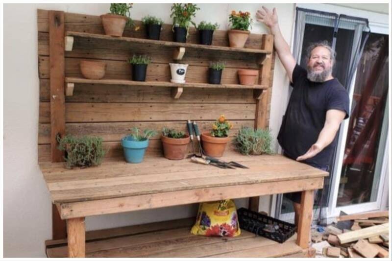 Wooden bench gardening station.