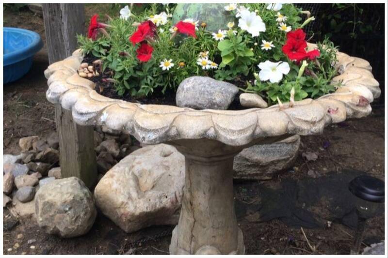 Bird fountain with flowers inside of it.