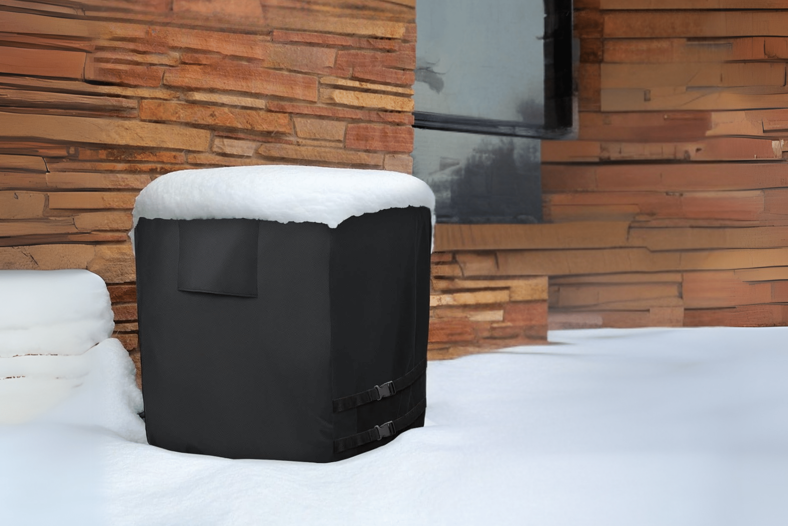 A/C unit in snow with black cover.