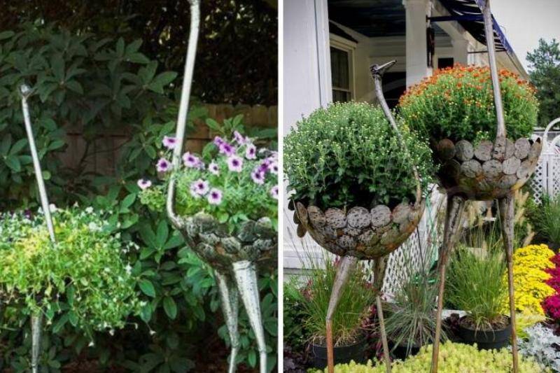 Hanging planter with plants inside of each.