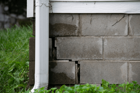 Broken cinder block house foundation.